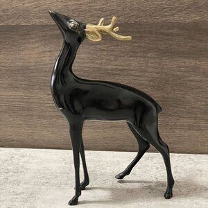 Vintage Black Standing Deer Reindeer Gold Gilded Antlers Cast Metal 7" Tallest